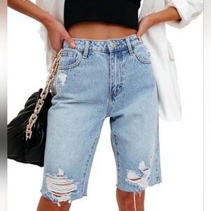 Trendy Light Blue Distressed Jean Shorts